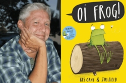 Kes Gray and book cover of Oi Frog