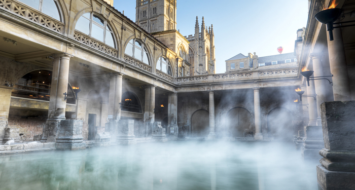 Steam rising from the Roman Baths. Bath Abbey is visible in the background