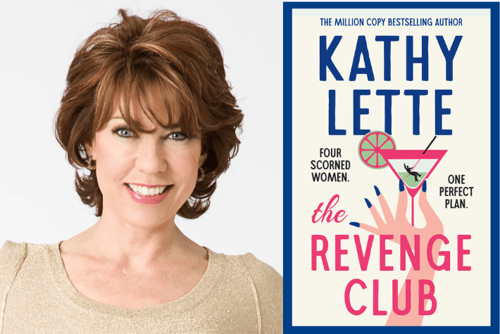 Kathy Lette and her book cover of 'The Revenge Club'