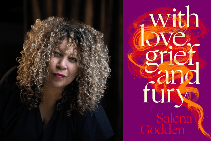 Salena Godden and her book cover of 'With Love, Grief and Fury'