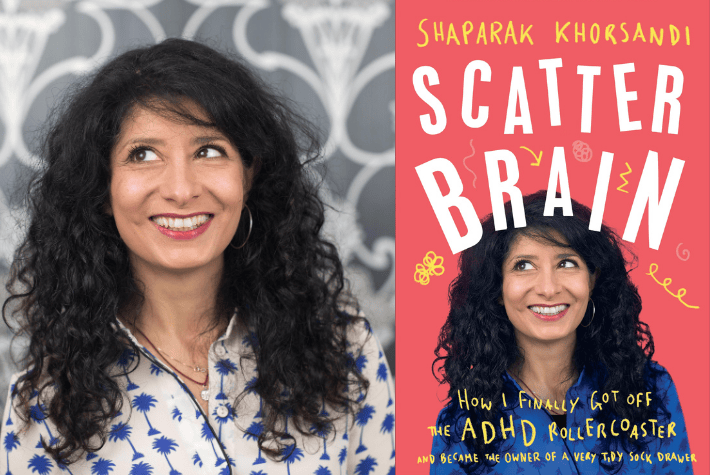 Shaparak Khorsandi and book cover of Scatter Brain