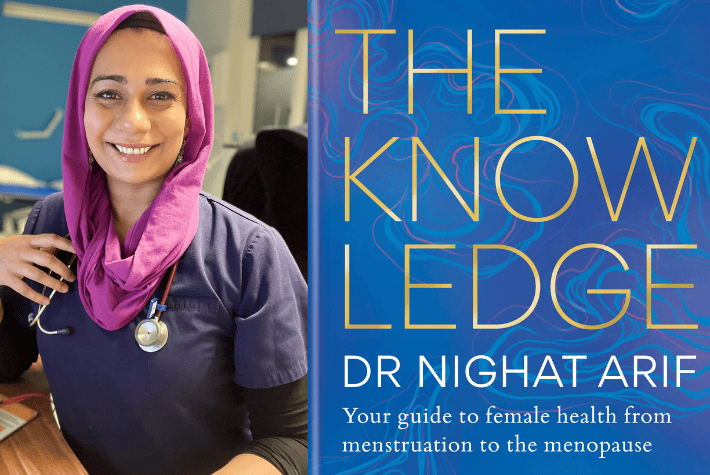 Dr Nighat and her book cover of The Knowledge