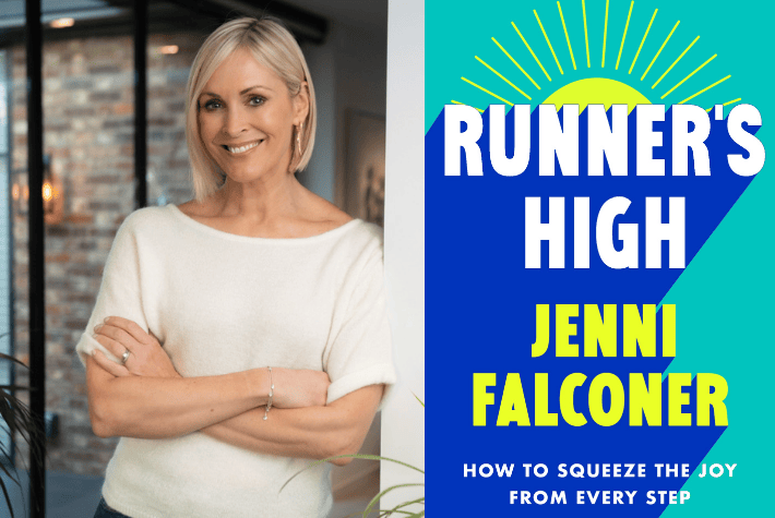 Jenni Falconer and book cover of Runners High