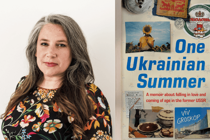 Viv Groskop and book cover of One Ukrainian Summer