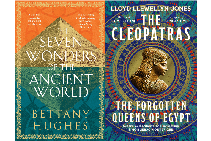 Ancient Wonders by Bettany Hughes book jacket and The Cleopatras by Lloyd Llewellyn Jones book jacket