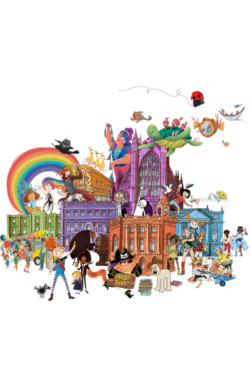 Colourful illustrations of children's book characters of all kinds surrounding famous Bath architecture including the Guildhall, Holburne Museum, Bath Abbey and the Forum.