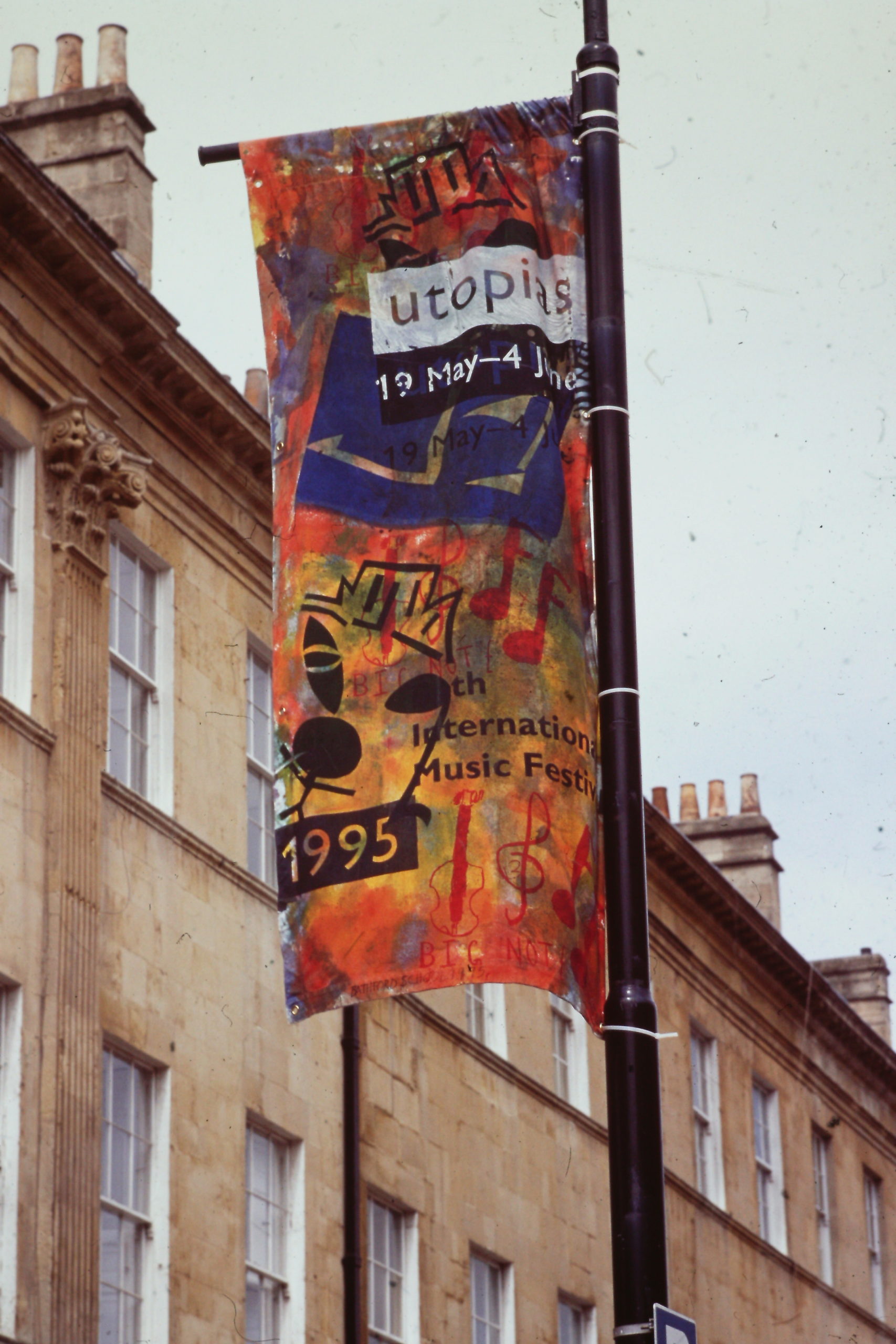 A 1995 Bath International Music Festival banner on a lampost