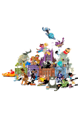 Colourful illustrations of children's book characters of all kinds surrounding famous Bath architecture including the Guildhall, Holburne Museum, Bath Abbey and the Forum.